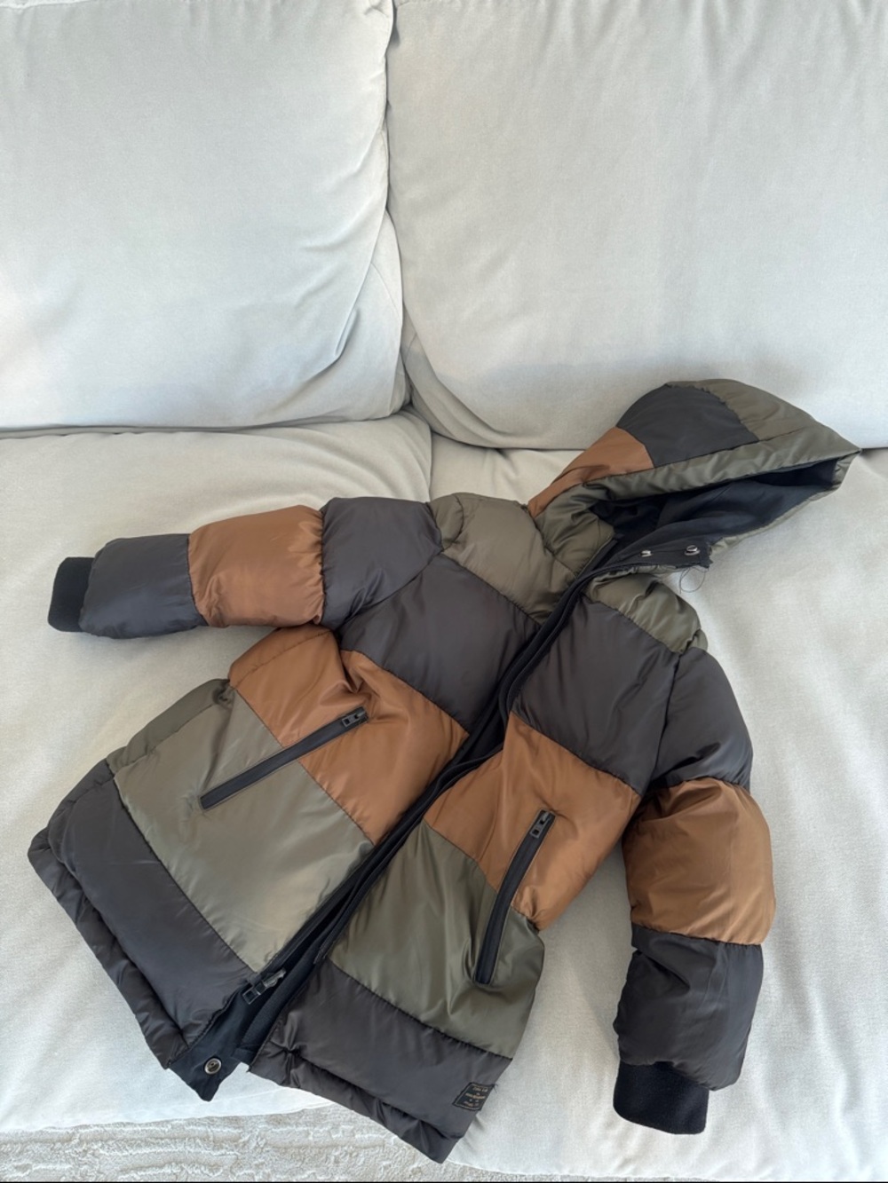 Kids Colorblock Puffer Jacket - Olive, Brown & Black